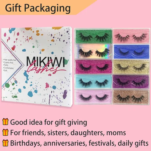 Miniatura 6 de Pestañas postizas MIKIWI - Paquete de 10 pestañas postizas de 0.47 a 0.78 pulgadas, pestañas de visón 5D falsas, pestañas de ojo de volumen natural