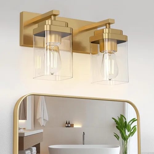 Miniatura 20 de Lámparas de baño de oro cepillado, 4 luces de baño sobre el espejo, diseño cuadrado y placa trasera grande rectangular, accesorios de iluminación
