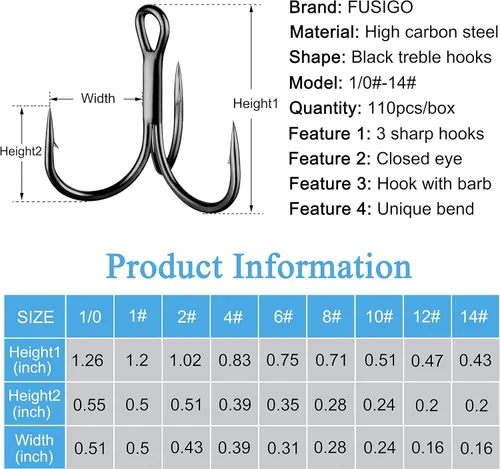 Miniatura 5 de Treble Fishing Hooks, 110pcs Super Sharp Triple Fish Hook Classic Round Bend High Carbon Steel Treble Hooks Barbed for Catfish Bass Trout Freshwater