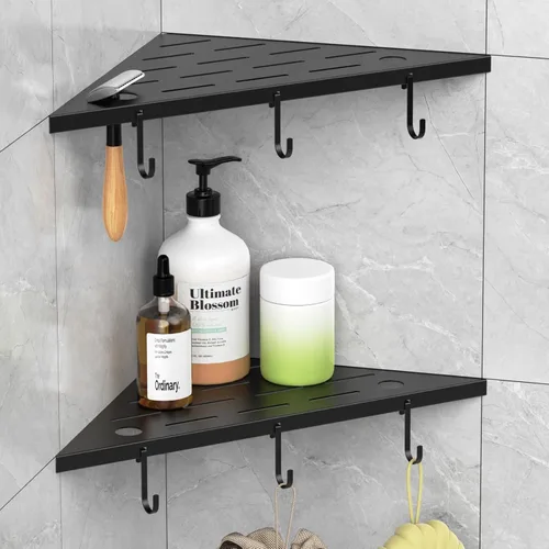Estantes esquineros de ducha, estante empotrado de acero inoxidable 304 negro mate de 10 pulgadas para baño, estante de lechada con ganchos para