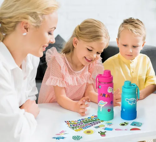 Miniatura 7 de CHILLOUT LIFE Botella de agua aislada para niños de 12 onzas para la escuela con tapa de boquilla a prueba de fugas y bonitas calcomanías Azul