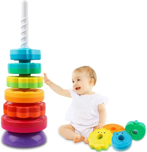 LBAIBB Juguetes de apilar y girar, juguete giratorio para niños de 1 a 3 años, juguetes Montessori para niños de 1 año, torre de giro arcoíris,