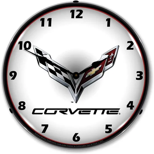 Corvette C7 Logo LED Reloj de Pared, Retro/Vintage, Iluminado, 14 pulgadas