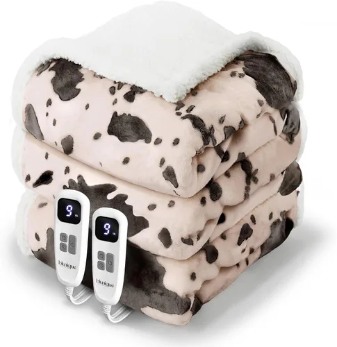 Miniatura 8 de Manta térmica con estampado de vaca, manta eléctrica, manta térmica con 10 niveles de calor y 10 horas de apagado automático, acogedora y suave