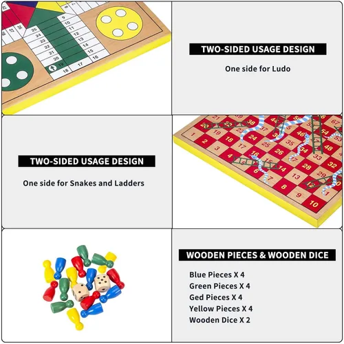 Miniatura 7 de AMEROUS Juego de mesa de ludo de madera de 12 pulgadas - Serpientes y escaleras, reversible 2 en 1, juego de dados familiar de 1-4 jugadores, juego