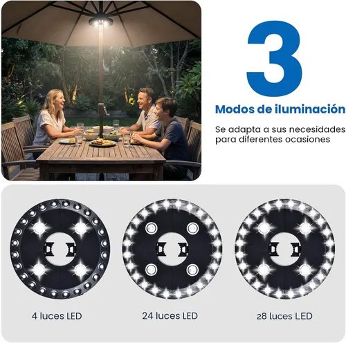 Miniatura 4 de Parasol de sombrilla para patio, luces 3 en modo brillo e inalámbrico, 28 luces LED en 220 Lux. 4 x AA baterías de función, sombrilla con pértiga