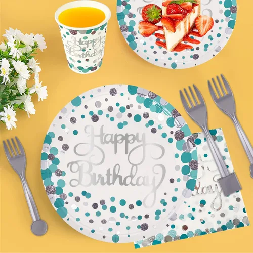 Miniatura 3 de ssailue decor Suministros de fiesta de cumpleaños azul turquesa para 20 invitados: platos, vasos, servilletas, globos, pancarta, banda, adorno