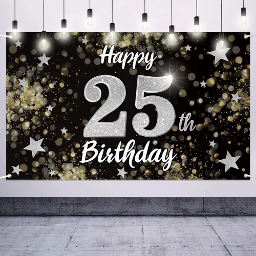 Miniatura 11 de Decoración de feliz cumpleaños 37, cartel grande de fondo de cumpleaños de 37 años con estrella de ensueño negro y plateado – Decoración de fiesta