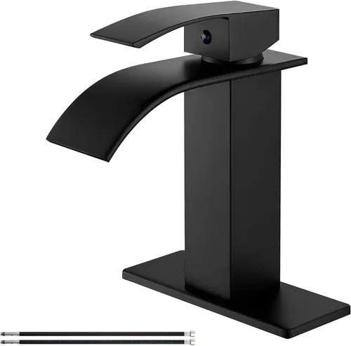Airuida Grifo de baño de cascada negro mate, grifo de baño de un solo agujero, grifo mezclador de montaje en cubierta con placa de cubierta, grifo