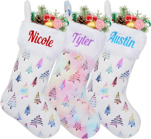 Medias de Navidad personalizadas, 18 medias de Navidad grandes y coloridas para niños, medias grandes de piel sintética personalizadas, medias de