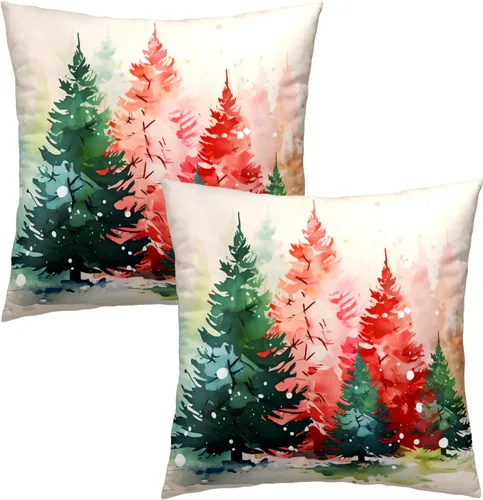 Miniatura 2 de Fundas de cojín de árboles de Navidad, 2 piezas, fundas de cojín de acuarela roja y verde decorativas de 20x20 pulgadas, fundas de cojín de algodón