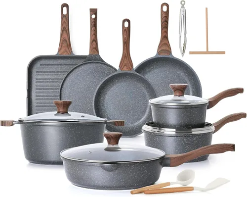 SENSARTE Juego de utensilios de cocina antiadherentes grandes de 23 piezas, juego de ollas y sartenes antiadherentes con revestimiento de granito