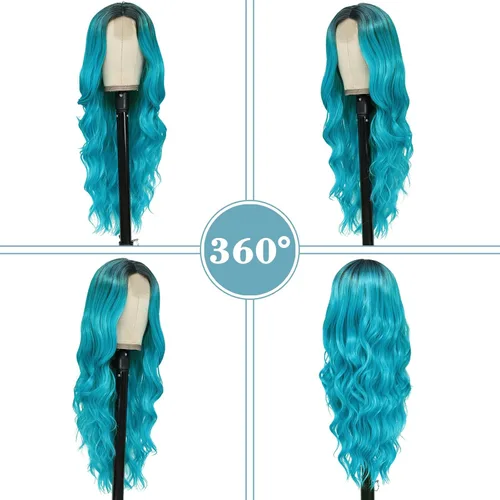 Miniatura 3 de NAYOO Peluca larga ondulada de color verde azulado degradado para mujer, 26 pulgadas, parte media, rizada, ondulada, de aspecto natural, fibra