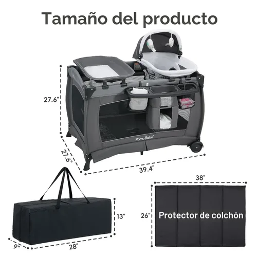 Miniatura 2 de Centro para bebé, corralito plegable para bebé y niño pequeño, moisés, colchón, mesa de cambio para recién nacidos (negro)