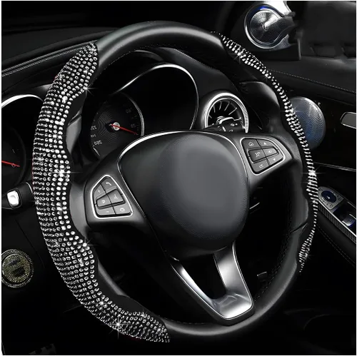 Miniatura 8 de 2 piezas fundas para volante, fundas para volante de automóvil segmentadas con cristales de imitación, protector antideslizante decoración brillante
