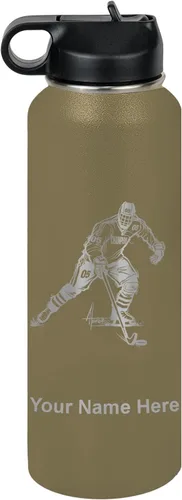 Miniatura 68 de LaserGram Botella de agua personalizada, jugador de hockey, acero inoxidable de doble pared aislada al vacío con popote superior, regalo grabado
