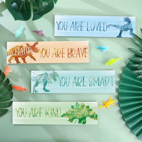 Miniatura 3 de Yalikop 4 piezas de decoración de habitación de dinosaurio para niños, pósters inspiracionales placa de pared para dormitorio de niños guardería