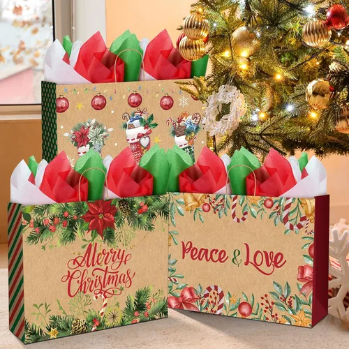 Miniatura 4 de Zachely 24 bolsas de regalo de Navidad extra grandes con 24 papel de seda, bolsas de papel kraft jumbo a granel para regalos, 6 estilos de bolsas