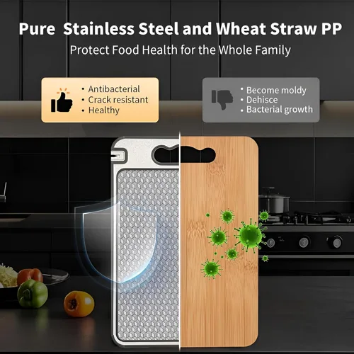 Miniatura 5 de Tabla de cortar de acero inoxidable de doble cara, tabla de cortar de grado alimenticio 304 con malla resistente a los arañazos, ranura para jugos