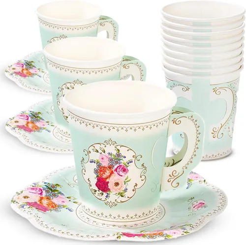 Tazas de té de papel floral, vintage, Talking Tables Truly Scrumptious con asas y platillos para reuniones de té o cumpleaños, talla única ,