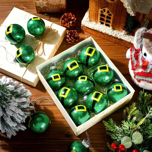 Miniatura 3 de Soulchen 16 adornos de bola de Navidad de elfo de 2.36 pulgadas, bola colgante con purpurina inastillable, adorno de árbol de elfo verde, decoración