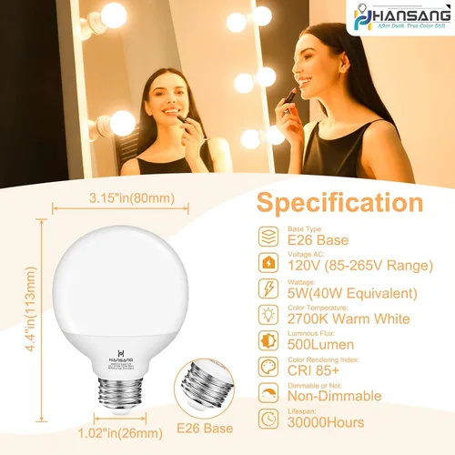 Miniatura 3 de Bombilla LED G25 de 5 W (equivalente incandescente de 60 W) 2700 K blanco suave, bombillas decorativas, base E26, 500 lúmenes, perfecta para espejo
