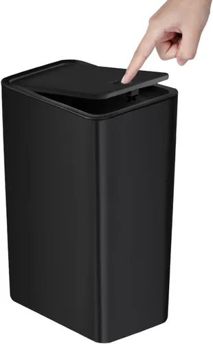 TIPGO Basurero de baño con tapa, cubo de basura delgado de 10 litros/2.6 galones, cesta de basura pequeña con tapa desplegable para cocina, Negro