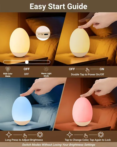 Miniatura 6 de Luz nocturna de huevo para bebé para guardería y lactancia – Luz táctil portátil con 7 colores RGB, atenuación continua, recargable, silicona suave