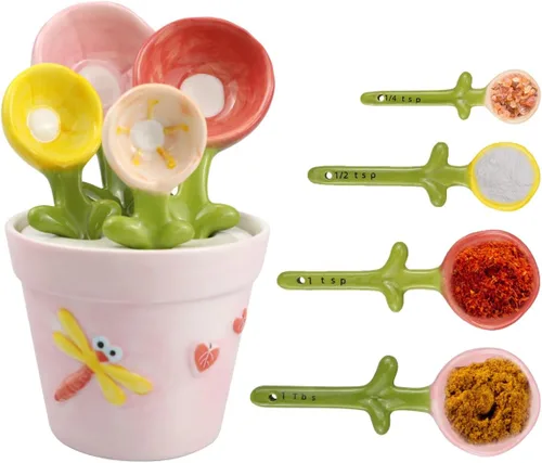 DOERDO - Cucharas medidoras de cerámica con soporte, cucharas de medición de flores para azúcar salada, juego de cucharas en forma de maceta, Rosado