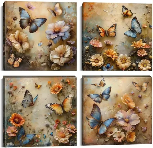 Miniatura 24 de Wall HDQ Arte de pared de flores para baño, dormitorio, sala de estar, decoración de pared azul y naranja, pintura floral, lienzo impreso, imagen