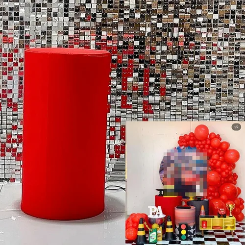 Miniatura 5 de 5 cubiertas de pedestal de cilindro rojo para fiestas de cumpleaños, fundas de mesa de tela elástica para cubierta de zócalo