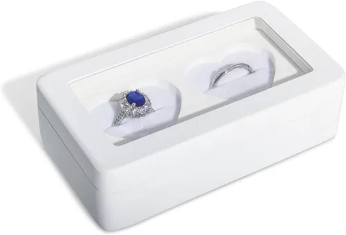 Miniatura 3 de Caja de anillos para ceremonia de boda, soporte de madera blanca con doble corazón para boda y compromiso (rectángulo blanco)