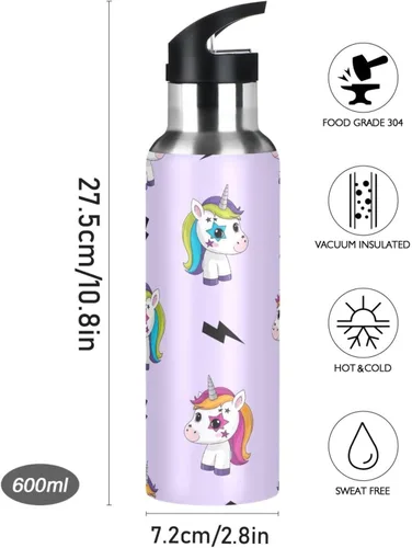 Miniatura 9 de Cute Unicorns Rainbow Stainless Steel Vacuum Insulated Water Bottle 20 Oz, BPA-Free Sports Water Bottle with Straw Leakproof Water Bottles