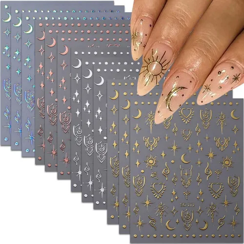 Miniatura 11 de 12 hojas de calcomanías de uñas doradas, calcomanías de uñas autoadhesivas 3D de metal con diseño de rayas geométricas onduladas, diseños de arte