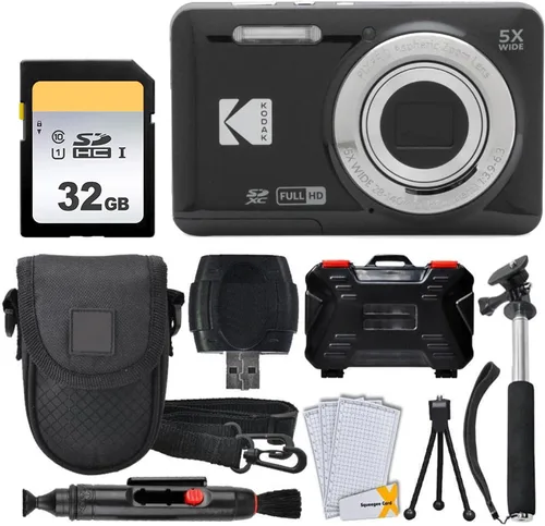 Kodak PIXPRO FZ55 - Cámara digital (negro) + Tarjeta de memoria de 32GB + Estuche para cámara Point and Shoot + Monópodo extensible + Lápiz limpia