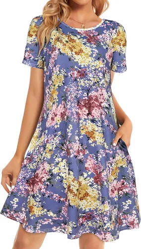 Miniatura 33 de Vestidos de verano para mujer, informales, holgados, estilo camiseta, florales, de manga corta, con vuelo y bolsillos, para la playa
