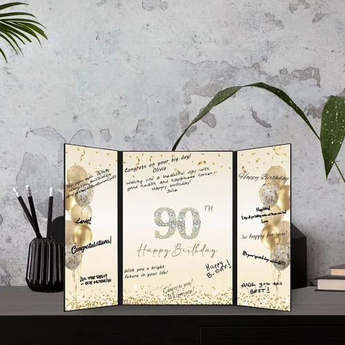 Miniatura 5 de DARUNAXY Decoraciones de Fiesta de Cumpleaños 90 Años Negro Dorado, Feliz Cumpleaños 90 Libro de Invitados de Firmas Alternativo para Hombres
