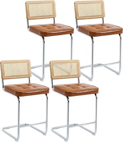 Miniatura 11 de ONEVOG Juego de 3 taburetes de bar de 26 pulgadas de altura de mostrador para cocina, modernas sillas tapizadas de ratán de mediados de siglo
