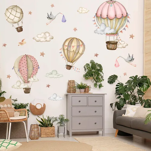 Miniatura 4 de Globos de aire caliente extraíbles, calcomanías de pared, globos de acuarela, pájaros, estrellas, calcomanías de pared, pintura a mano, globos
