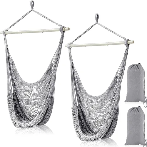 Miniatura 7 de Barydat 2 sillas colgantes tipo hamaca estilo bohemio, para exteriores e interiores, cómoda cuerda de algodón suave, con barras de metal Beige