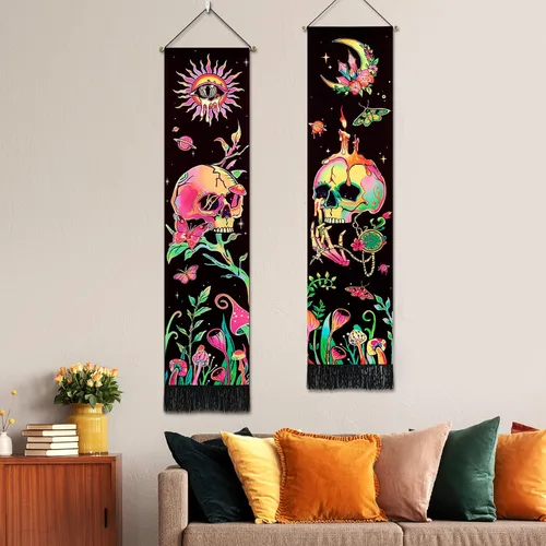 Miniatura 4 de Leofanger Paquete de 2 tapices verticales de calavera negra con luz negra, tapiz de sol y luna, tapiz de flores de mariposa y mariposa negra, tapiz