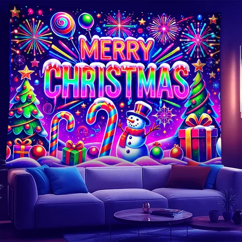 Miniatura 15 de NYZE - Tapiz de Navidad con Papá Noel, tapiz de luz negra que brilla en la oscuridad, colgante de pared, banner festivo, decoración para fiesta