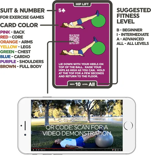 Miniatura 5 de Stack 52 - Tarjetas de ejercicio, diseño de bola Juego de cartas de entrenamiento con bola suiza. Instrucciones de vídeo incluidas. Programa