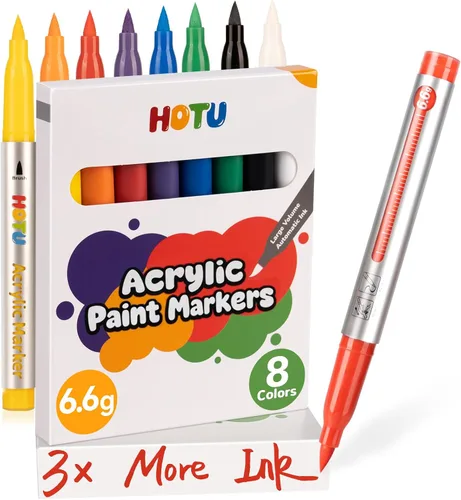 HOTU Marcadores de pintura acrílica, punta de pincel, 8 colores, 3 x (0.23 oz), tinta de gran capacidad, marcadores de pintura acrílica a base de