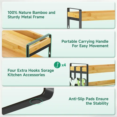 Miniatura 4 de EsLuker.ly Organizador de condimentos para especias para encimera de cocina, 4 niveles de bambú para especias con 4 ganchos, soporte independiente