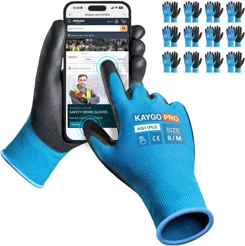 Miniatura 103 de KAYGO KG11PB - Guantes de seguridad con revestimiento delgado de poliuretano, tejido sin costuras, agarre suave en palma y dedos, para trabajo Verde