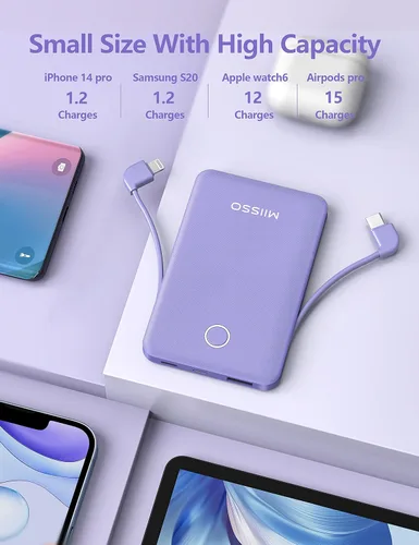 Miniatura 6 de Banco de energía ultra delgado de 6000 mAh, batería externa de 3 salidas compatible con iPhone, 2 unidades, color blanco y morado Paquete de 2 6000