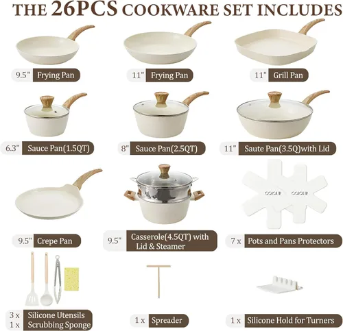 Miniatura 2 de 26 piezas de ollas y sartenes de cerámica antiadherentes, juego de utensilios de cocina no tóxico compatible con inducción con vaporeras, sin Blanco