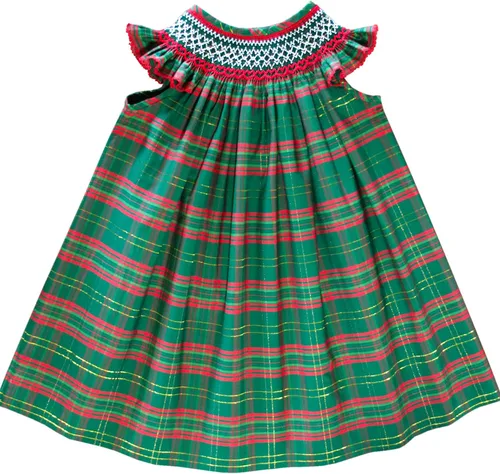 Vestido de tartán para niñas, estilo obispo, mangas de alas de ángel, verde a cuadros, dorado y rojo bordado