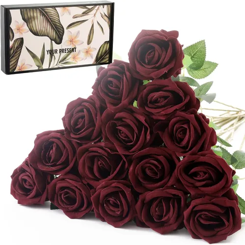 Miniatura 26 de 12 rosas artificiales de terciopelo sintético para decoración del hogar y boda (rosa perla, negro)